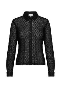 Black long-sleeve shirt made of lace fabric with a diamond pattern, featuring a front button closure and a collared neck.