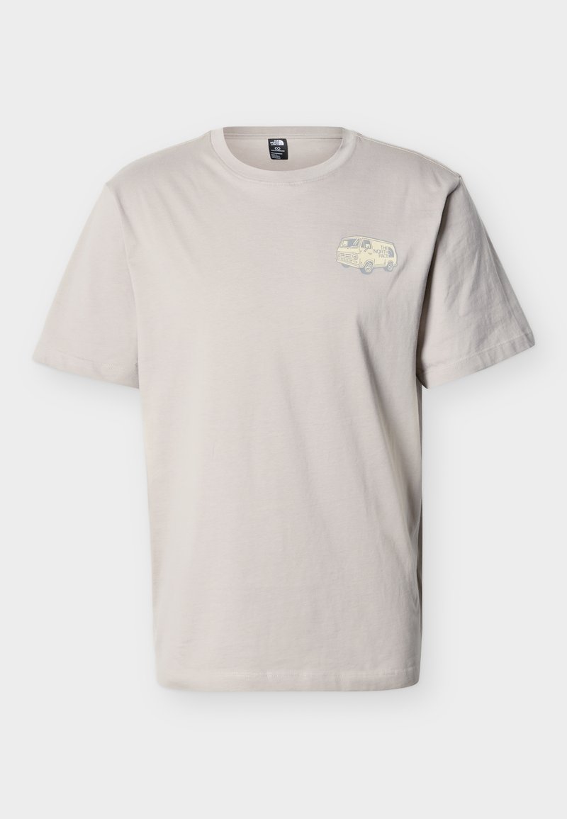 Beige short-sleeve t-shirt with crew neck and small graphic of a van and "The North Face" logo on the left chest.