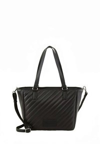 Zwarte gewatteerde totebag met dubbele handvatten en een afneembare schouderriem. Gemaakt van glad synthetisch materiaal. Voorzien van een eenvoudige logopatch.