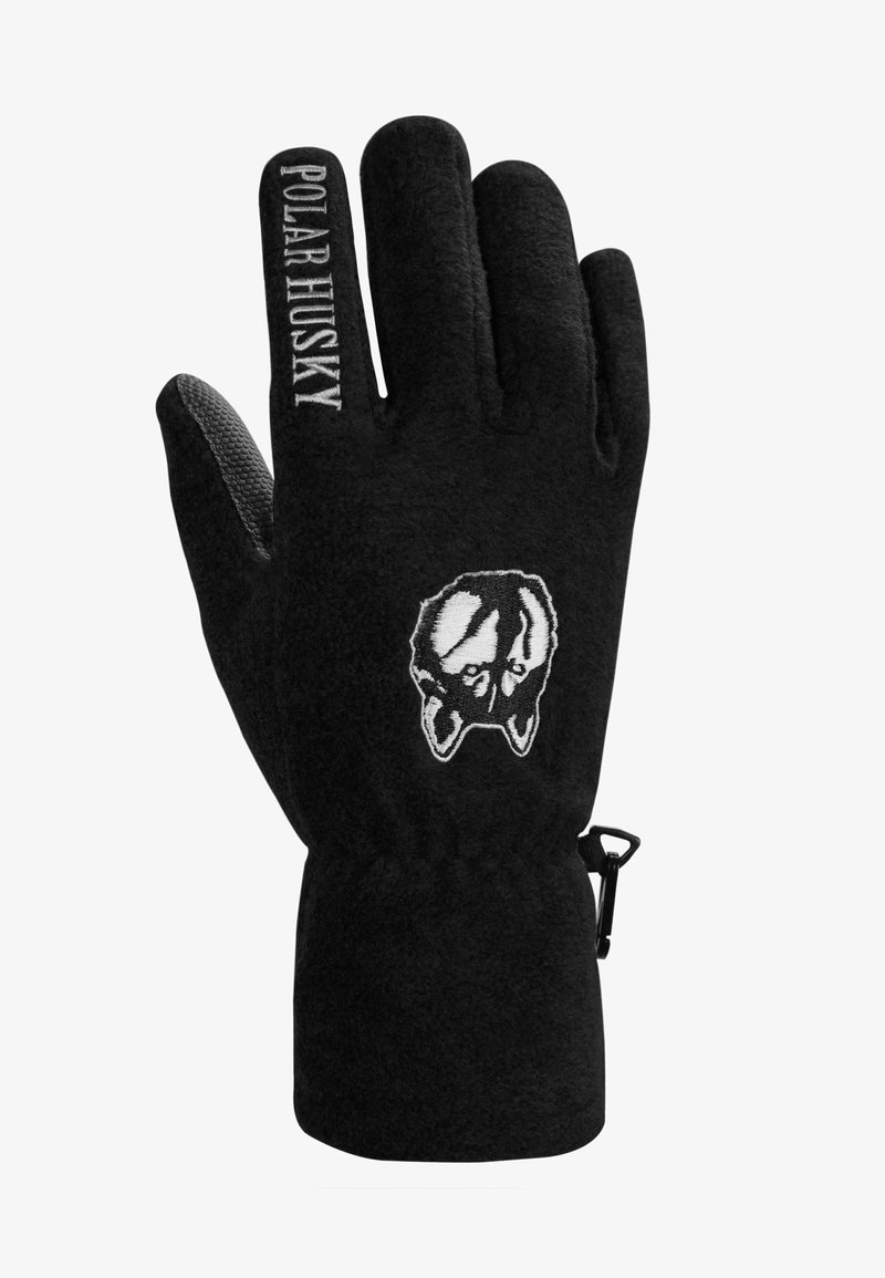 Schwarze Fleece-Handschuhe mit eingeprägtem "POLAR HUSKY"-Text und einem Design eines weißen Husky-Gesichts. Verfügt über einen strukturierten Griff und einen verstellbaren Handgelenkriemen.