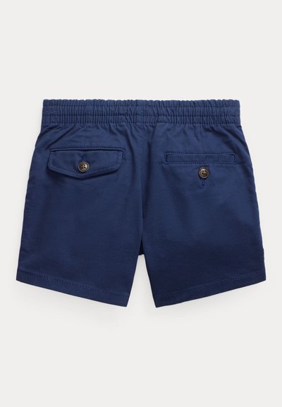 Calções azul-marinho feitos de tecido tecido, com cintura elástica, dois bolsos traseiros com fechos de botão e uma textura suave.