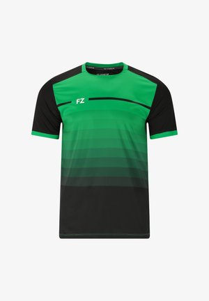 Grøn og sort sports T-shirt med korte ærmer, der har et gradient design og et "FZ" logo på brystet. Blødt stof, rund hals.