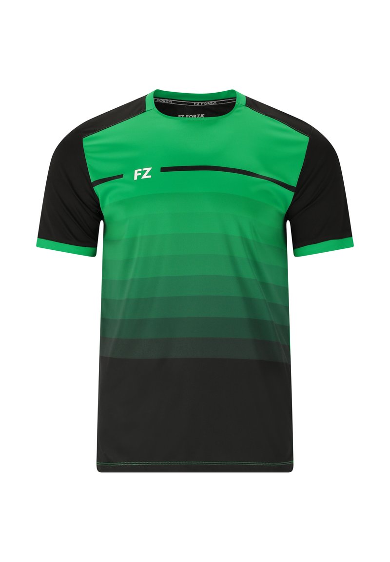 Grön och svart sportt-shirt med korta ärmar, med en gradientdesign och en "FZ"-logotyp på bröstet. Mjuk tyg, rundad hals.