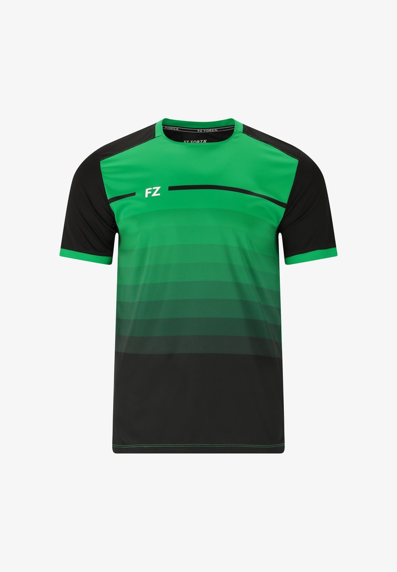 Grøn og sort sports T-shirt med korte ærmer, der har et gradient design og et "FZ" logo på brystet. Blødt stof, rund hals.