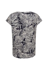 Short-sleeve top with a navy background and white leaf pattern, featuring a relaxed fit and rounded hem, made from lightweight fabric.