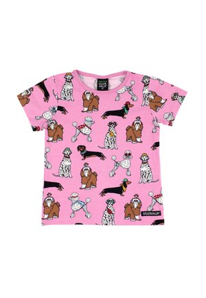 Roze kinder T-shirt met korte mouwen met herhalende patronen van verschillende hondenrassen die accessoires dragen zoals hoeden en halsbanden.