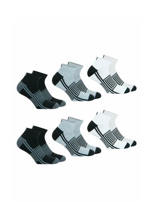 Ensemble de six chaussettes longueur cheville en noir, gris et blanc. Présente des motifs géométriques et des accents contrastants aux orteils et au talon.
