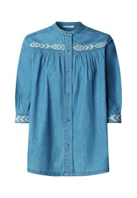 Blue denim long-sleeve shirt with round collar, white geometric embroidery on chest and cuffs, and button-down front closure.