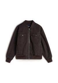 Braune Bomberjacke mit geripptem Kragen und Bündchen. Verfügt über zwei Brusttaschen mit Knopfverschlüssen und seitlichen Reißverschlusstaschen. Glatte Stofftextur.