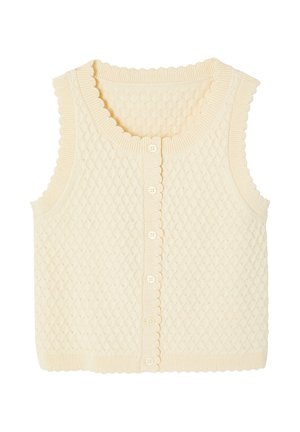 Cream-colored knitted sleeveless cardigan with scalloped edges and a button-down front.
