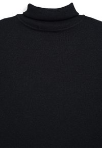 Schwarzer Rollkragenpullover mit strukturiertem Rippmuster. Weicher, elastischer Stoff mit taillierter Passform. Keine sichtbaren Muster oder Hardware-Details.