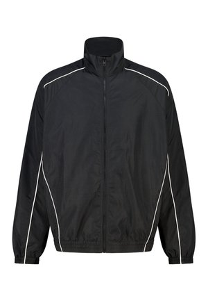 Schwarze Sportjacke mit Reißverschluss, Stehkragen und weißen Paspelierungen entlang der Schultern, Ärmel und Seiten, mit elastischen Bündchen und Bund.