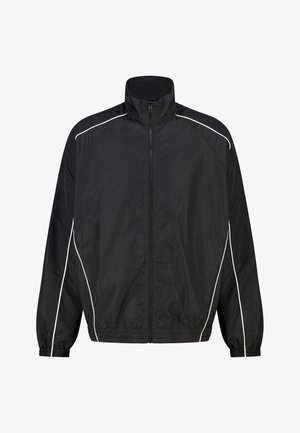 Schwarze Sportjacke mit Reißverschluss, Stehkragen und weißen Paspelierungen entlang der Schultern, Ärmel und Seiten, mit elastischen Bündchen und Bund.