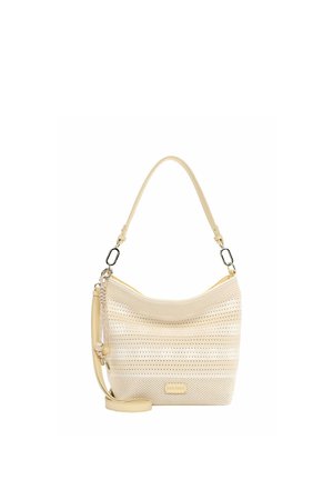 Beigen värinen reikäleikkauksella varustettu nahkainen olkalaukku säädettävällä hihnalla, hopeisilla metalliosilla ja koristeellisella sivutupsulla, merkiltään "Sunfrey" edessä.