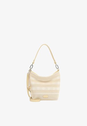 Sac à bandoulière en cuir perforé beige avec sangle réglable, garnitures argentées et pompon décoratif latéral, marqué « Sunfrey » sur le devant.