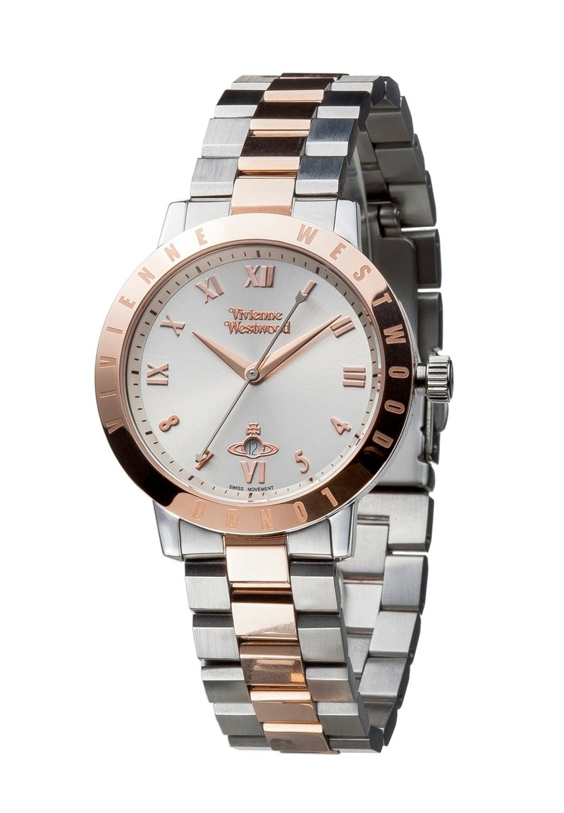 Ασημένιο και ροζ χρυσό μέταλλο ρολόι με ρωμαϊκούς αριθμούς, στρογγυλή παface και μείγμα βουρτσισμένου και γυαλιστερού βραχιολιού. Ενδείξεις γρήγορης κίνησης.