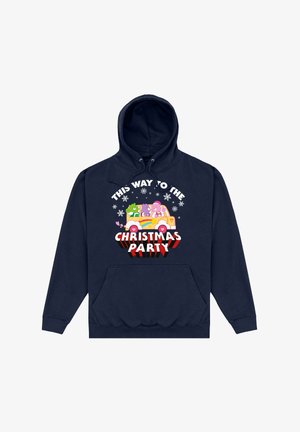 Námořnická mikina s kapucí a přední kapsou, zdobená barevnými kreslenými postavičkami a textem: "TADY NA VÁNOČNÍ PÁRTY" v tučném, svátečním designu.