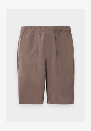 Smeđe kratke hlače do koljena s elastičnim remenom i dvije velike džepove sprijeda, položene ravno na bijeloj pozadini.