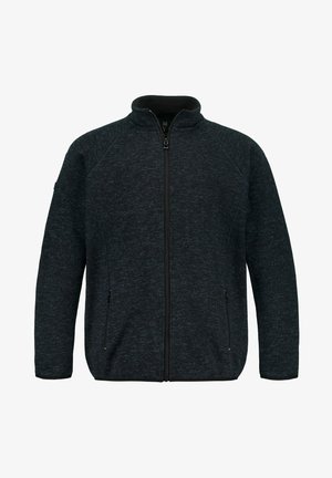 Czarna szara polarowa kurtka z wysokim kołnierzem, pełnym zamkiem błyskawicznym i bocznymi kieszeniami. Charakteryzuje się teksturowanym wzorem i płaskimi szwami.