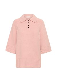 Měkký růžový pletený svetr s krátkým rukávem, žebrovaným lemem a manžetami, límečkem a čtyřmi knoflíky uprostřed přední části.