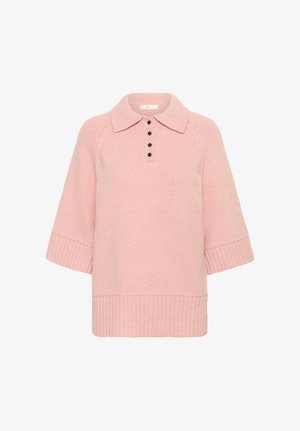 Soft pink knit sweater with short sleeves, ribbed hem and cuffs, a collar, and a four-button placket at the front center.