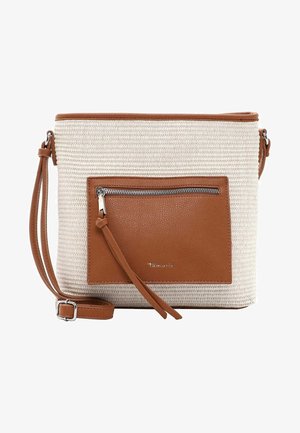 Beige geweven handtas met een gestructureerd bruin lederen accent en een ritssluiting, voorzien van een afneembare schouderriem en een elegante rechthoekige vorm.