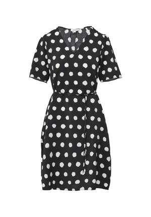 Zwarte jurk met witte stippen, korte mouwen, V-hals, strakke taille met een bijpassende riem, textuurstof.