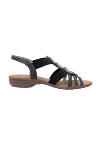 Schwarze Sandale mit elastischen Riemen und einem strukturierten Rückenteil, versehen mit einem floralen Akzent an der Vorderseite. Die Sohle ist hellbraun mit leichtem Keil.