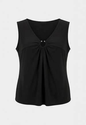 Black sleeveless top with V-neck and central keyhole detail gathered with two small silver beads, loose fit.