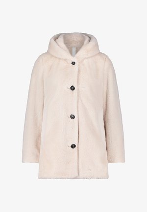 Beige Kunstfellmantel mit Kapuze, mit einer Knopfleiste vorne, zwei seitlichen Taschen und einer weichen, strukturierten Oberfläche.