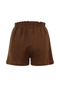 Shorts légers en tissu marron avec une taille élastique froncée et une coupe ample et décontractée.