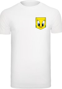 Hvit bomull T-skjorte med et gult lomme-design med et tegneserie-fugleansikt. Rund hals og korte ermer.