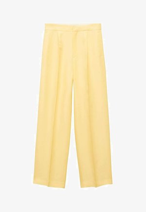 Svetlo žlté, široké nohavice vyrobené z hladkej tkaniny, s predným skladom a dvoma bočnými vreckami, ktoré poskytujú uvoľnený strih.