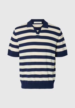 Polo à manches courtes avec des rayures horizontales bleu marine et blanches et un col bleu marine.