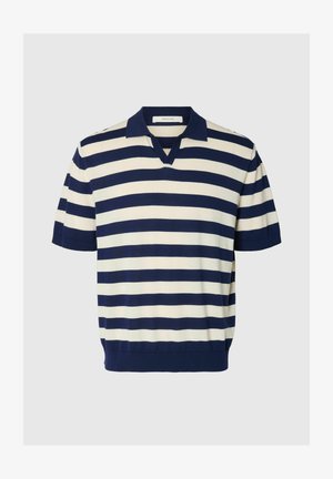 Polo à manches courtes avec des rayures horizontales bleu marine et blanches et un col bleu marine.