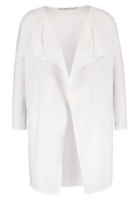 Bílý kardigan s žebrovanou strukturou, otevřeným předním dílem a zavěšeným límcem. Tříčtvrteční rukávy a uvolněný střih zvyšují pohodlí.