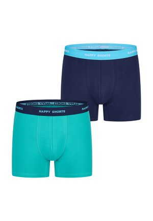 Two pairs of boxers: one in turquoise with a black waistband, and another in navy blue with a light blue waistband. Both feature "HAPPY SHORTS" branding.