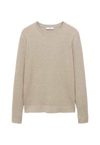 Beige geripptes Langarmshirt mit Rundhalsausschnitt, locker sitzend und mit schlichtem Saum, auf einem weißen Hintergrund flach präsentiert.