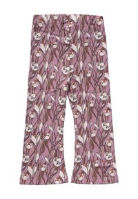 Pantaloni a gamba larga per bambini con uno sfondo rosa, caratterizzati da un motivo floreale di fiori bianchi e marroni e foglie sottili.