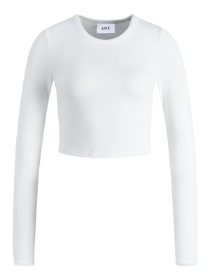 White long-sleeve crop top made of ribbed fabric. Features a round neckline and a fitted design. Label visible inside at the neck.