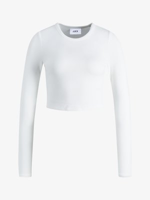 Balta garām piedurknēm crop top blūze, izgatavota no ribota auduma. Tai ir apaļa kakla izgriezums un pieguļošs dizains. Uzlīme redzama iekšpusē pie kakla.