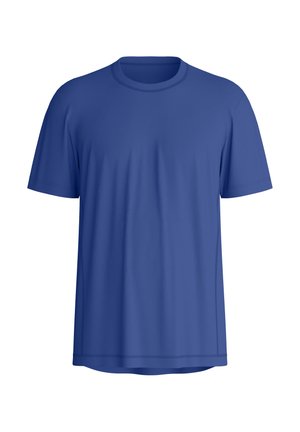 Blauw T-shirt met korte mouwen, gemaakt van gladde stof. Heeft een ronde hals, rechte zoom en subtiele stiksel details.