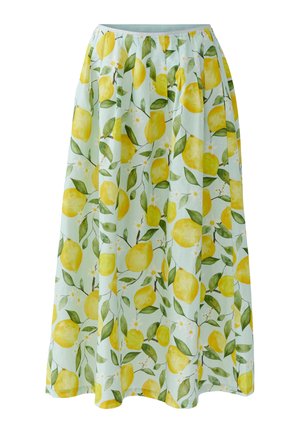 Jupe bleu clair avec taille froncée, présentant un motif de citrons jaunes et de feuilles vertes sur toute la surface.