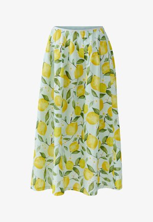 Light blue skirt with gathered waist, featuring yellow lemon and green leaf pattern all over.
