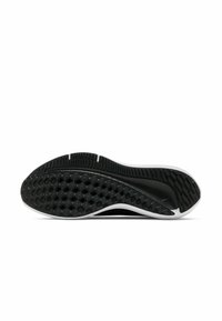 Suela de zapatilla negra con un patrón de tracción texturizado y borde curvado. Presenta una entresuela blanca suave y material de goma duradero.