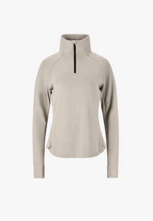 Pullover grigio chiaro a maniche lunghe con collo a mezza zip, realizzato in un tessuto morbido, con fessure laterali e fori per il pollice nei polsini.