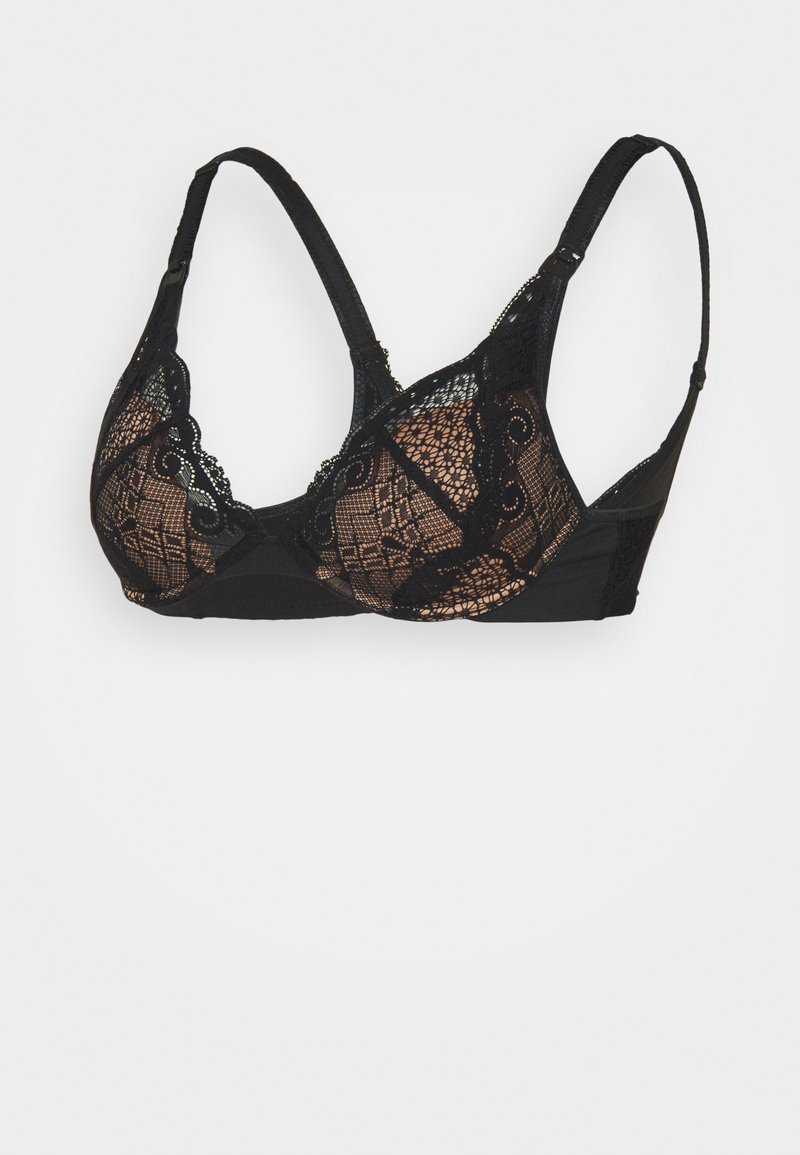 Bralette de renda preta com padrão floral, apresentando alças ajustáveis e uma faixa inferior suave. O design possui seções de tecido semi-transparente e sólido.