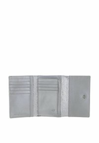 Portefeuille en cuir gris avec plusieurs emplacements pour cartes, une texture lisse et une fermeture à pression. L'intérieur présente un panneau brillant et à motifs.