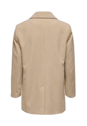 Beige jas met een gelapte kraag, driekwart mouwen en een achteropening. Gladde textuur met strakke lijnen en zonder zichtbare sluitdetails.