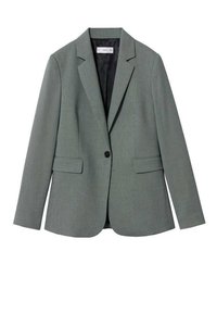 Grijze blazer van gestructureerde stof met een notch lapel, sluiting met één knop en voorzakken. Gevoerd interieur met een minimalistisch ontwerp.